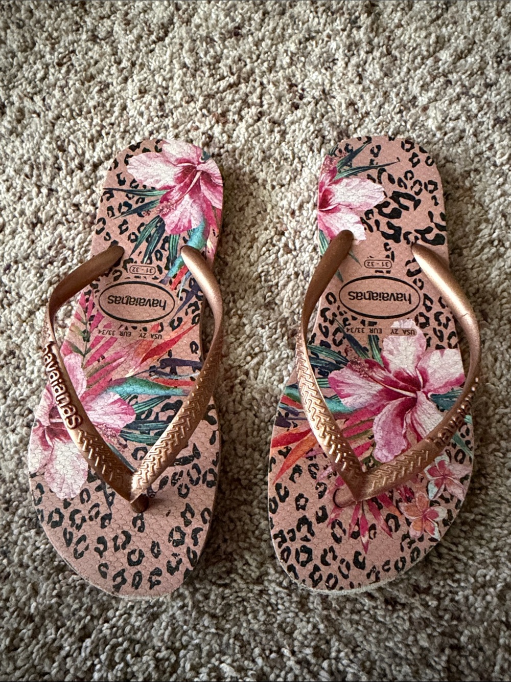 Havaianas Pink Floral & Leopard Print Flip Flops with Rose Gold Straps